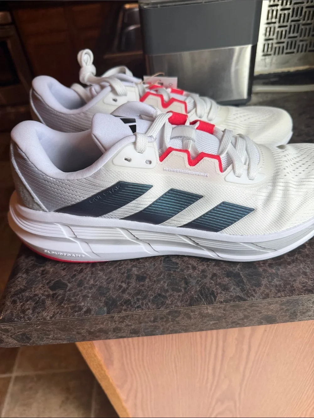 adidas White Sneakers with Navy Stripes and Coral Accents